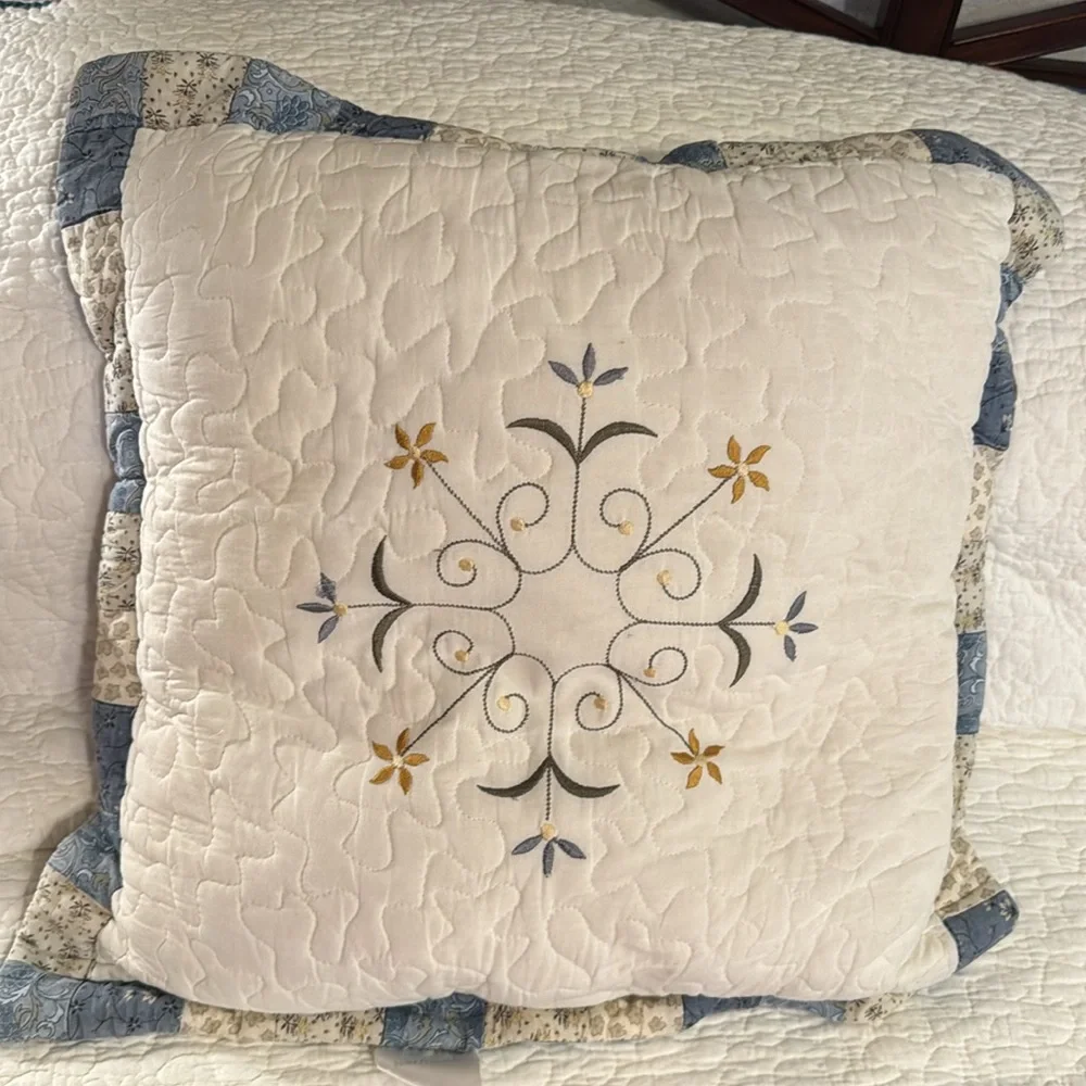 Pillows Set of 3 Cream and Blue Quilted Accent Pillows with Elegant Embroidery